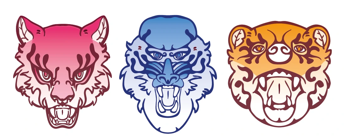 Goji character illustrations: tiger, bear and baboon