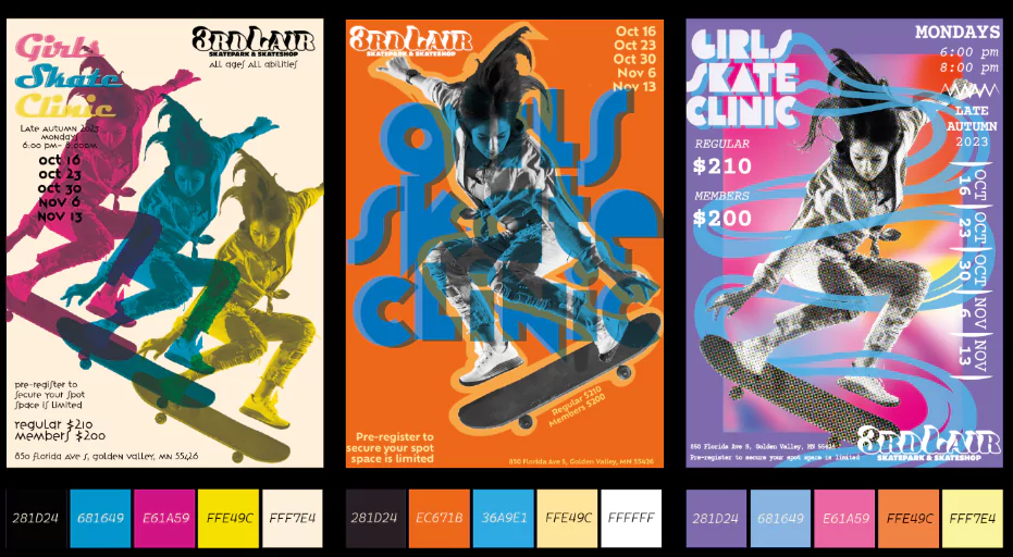 Girls Skate Clinic poster, other designs